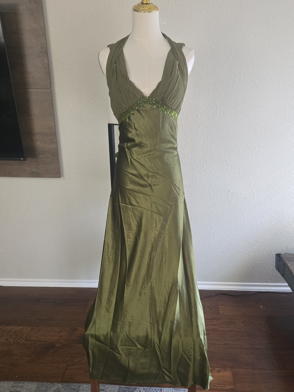 Aspeed Olive Green Halter Maxi Dress with Beaded Waistband